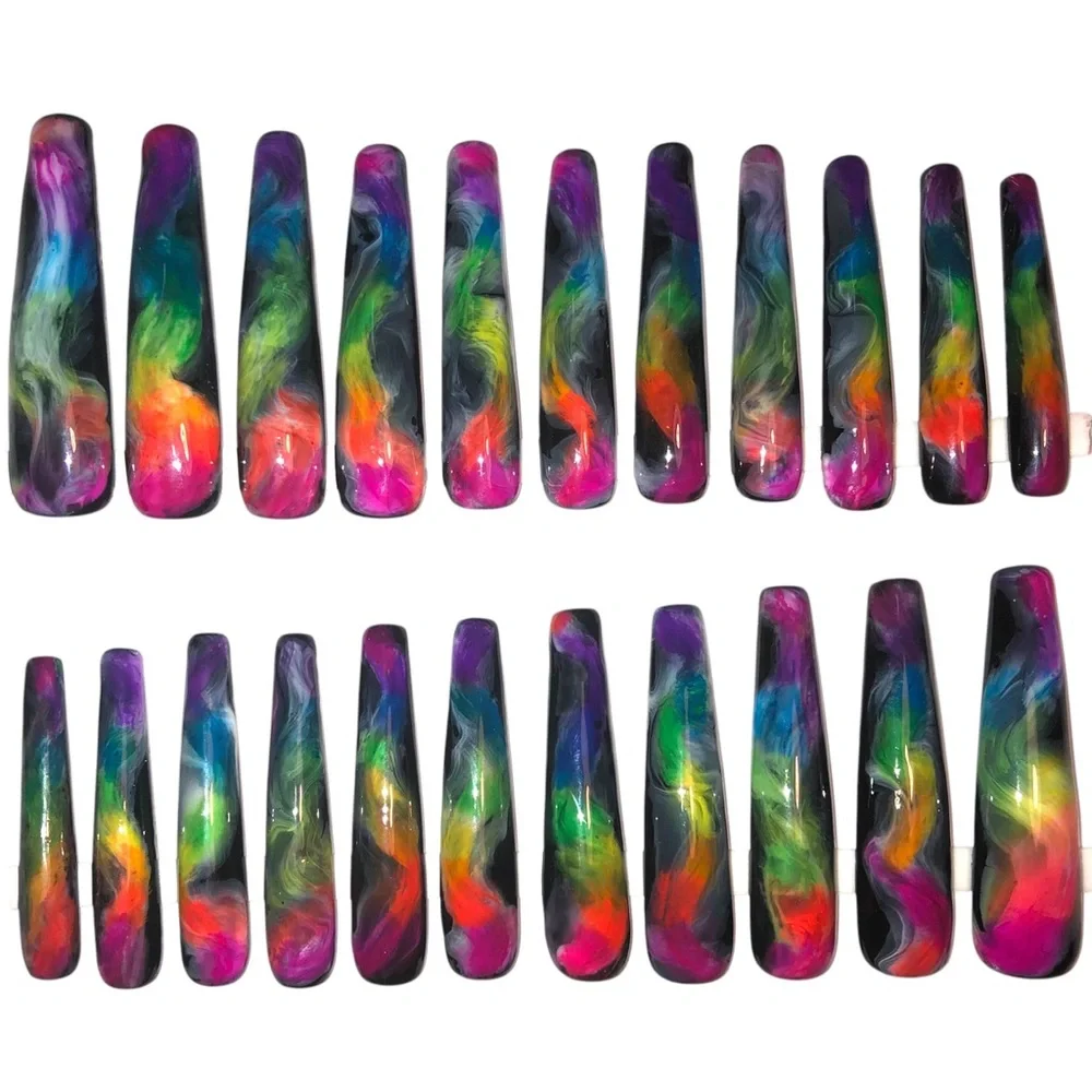 Custom Handmade Set of 22 Press On Nails 2X Long Coffin Shape Black & Ne… - Picture 8 of 9